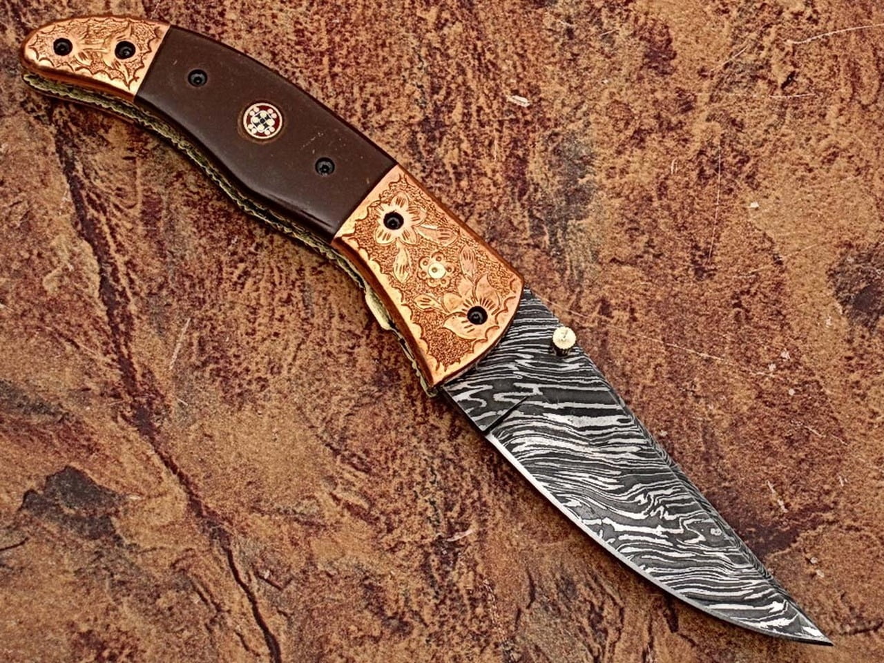 Executive Series Bakelite Folding Damascus Knife Solid Brass ENGRAVED Bolster