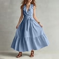 thumbnail image 2 of Women's Maxi Dress V Neck Sleeveless Ruffle Trim Tie Waist Tiered Dress Flowy Casual Summer Vacation Sundress Sky Blue S, 2 of 5
