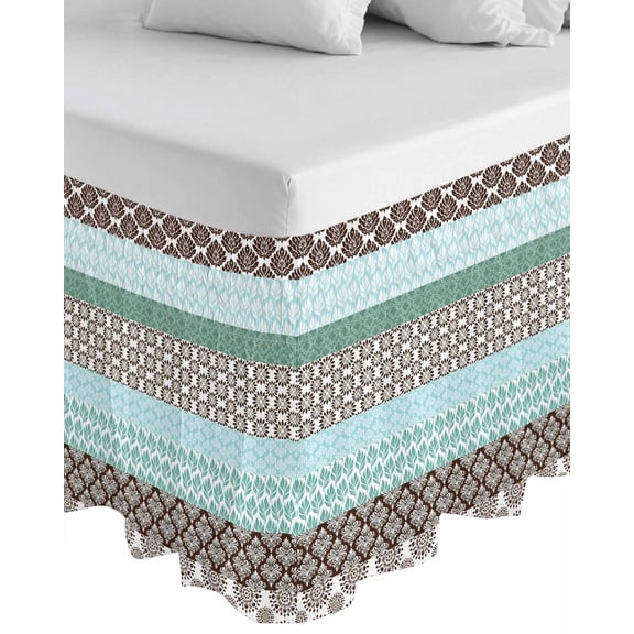 Boho Geometric Wrap Around Bed Skirts for California King Bed 18" Drop,Bed Skirt with Adjustable Elastic Belt Dust Ruffle Bed Valance for Bedroom Turquoise Green Brown Tribal Stripes Bed Frame Cover