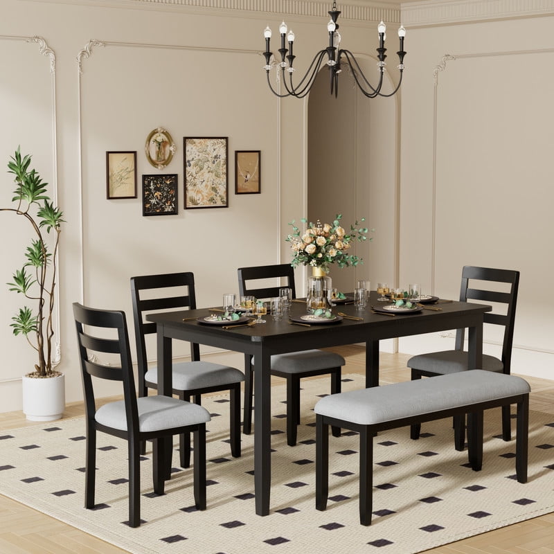 Lacoo Modern Simple Solid Wood Dining Table Set 6-Piece, 1 Table 4 Chairs 1 Bench, Kitchen Dining Room Furniture Set, Multiple Colors Available