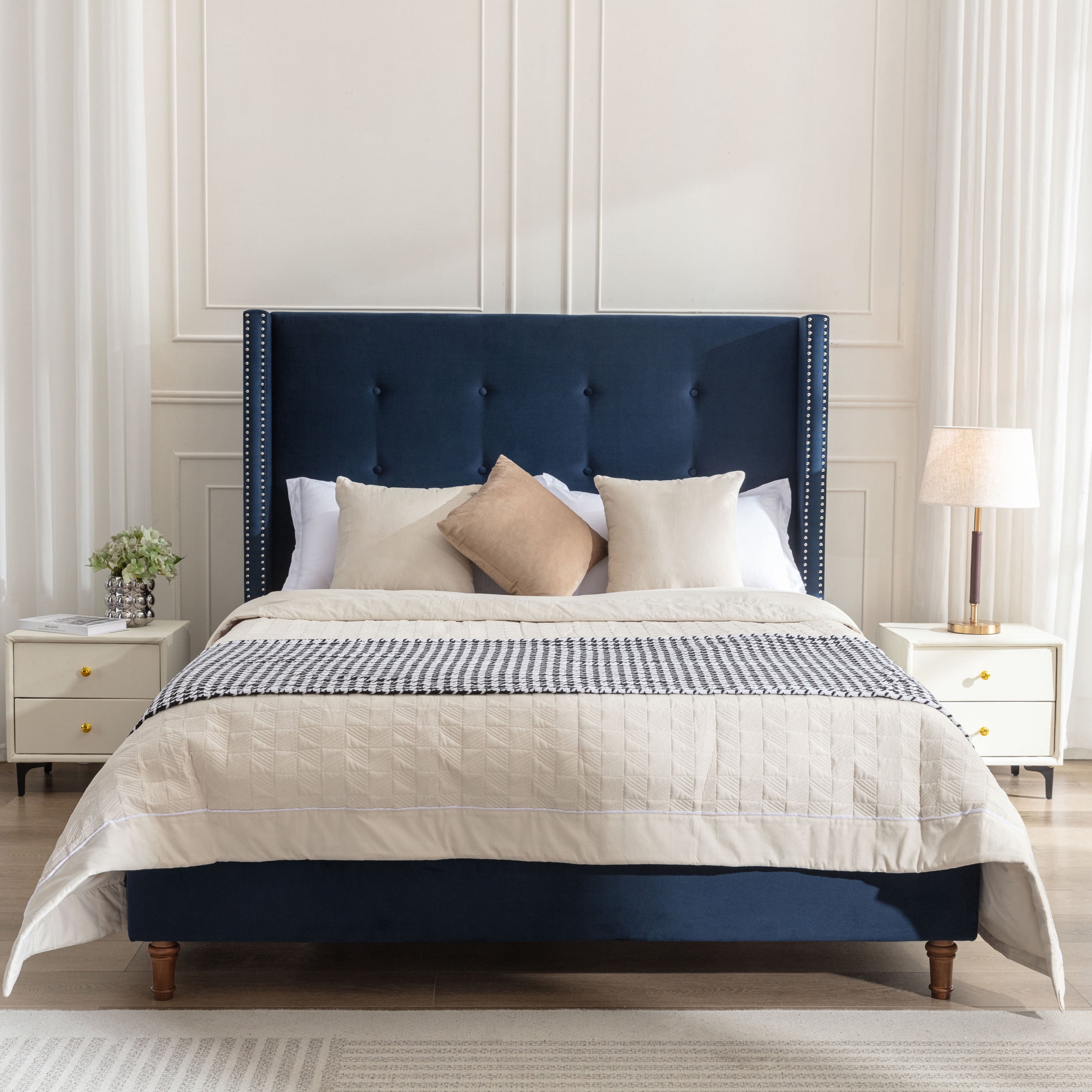 Noble House Peyton Indoor Button Diamond Tufted Velvet Upholstery Queen Bed with Wingback, Blue