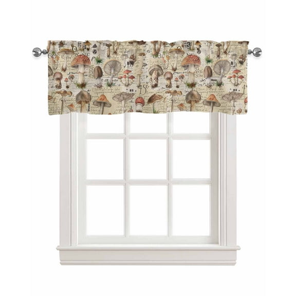 Forest Mushroom Linen Curtain Valance for Bedroom/Bathroom/Kitchen/Office/Living/Dining Room Window,Rustic Spring Summer Botanical Newspaper Rod Pocket Topper Decorative Cafe Drapes Panel 42"x18"