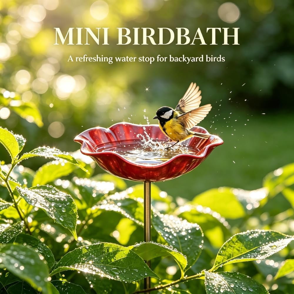 Handmade Metal Flower Garden Stake, Mini Bird Bath on Flowers Stakes for Outside, Metal Grace Yard Small Flower Bird Bath & Water Feeder Station Outdoors for Tiny Butterflies, Bees ＆ Birds (1 PC)