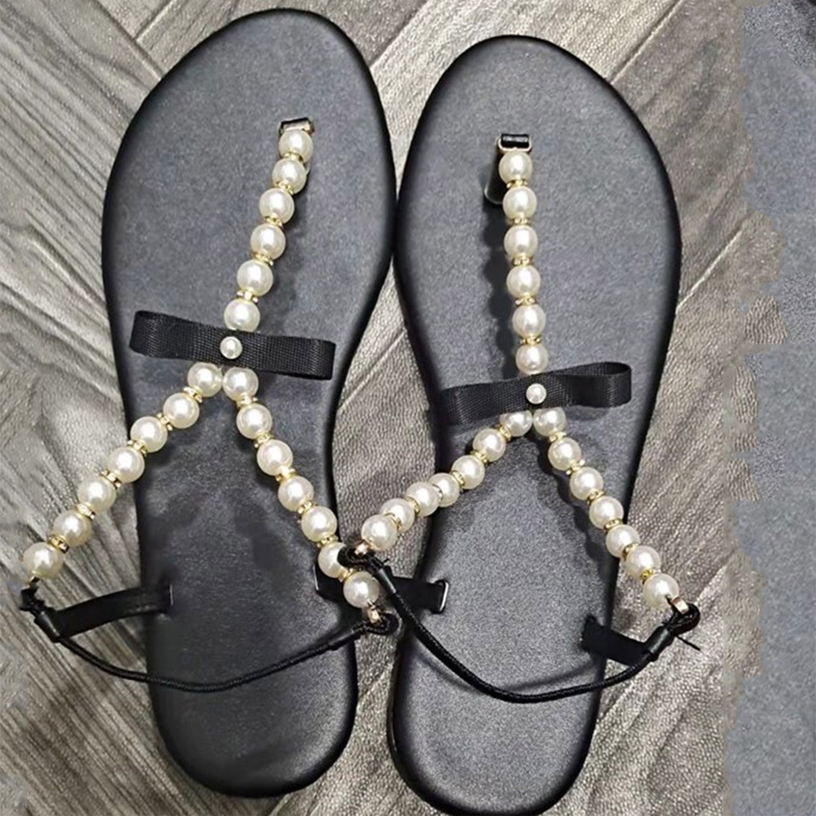 KBODIU Summer Flat Sandals Women Mothers Day Gifts Beach Casual Fashion Shoes Pearl Beaded Bow Flat Heel Slippers Solid Color Flip Flops Black Size 40