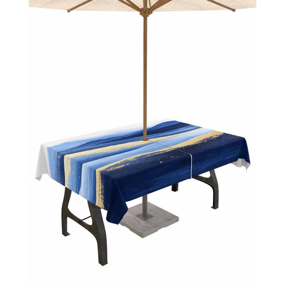 Boanket Outdoor Tablecloth with Umbrella Hole for Patio/Picnic/Party/Camping, Navy Blue Yellow Waterproof Table Cloth Rectangle Table Cover Washable, Modern Oil Painted Art Mountain (54"x 80")