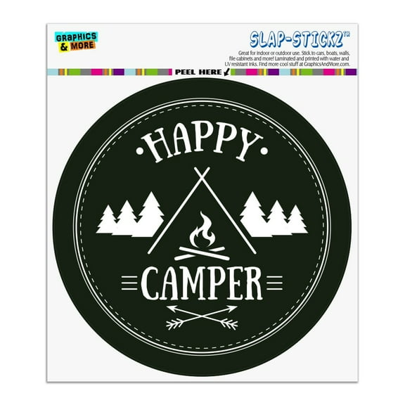 Happy Camper with Campfire Automotive Car Window Locker Circle Bumper Sticker