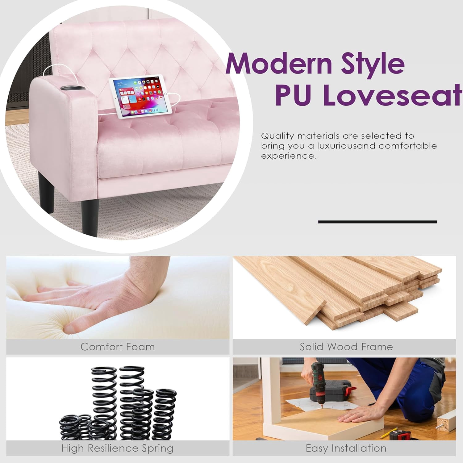 Coewske 62''W Tufted Linen Fabric Sofa Couch Loveseat w/ 2 USB Charger Ports & Cup Holders Pink