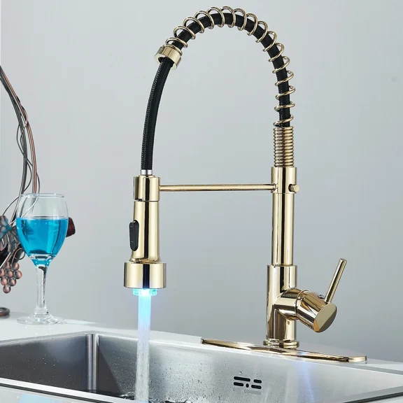 Brushed Gold led Kitchen Sink Faucet Single Handle w/Pull Down Sprayer LED Mixer Tap w/cover plate