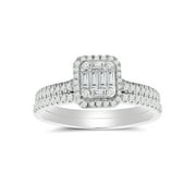 1/2 cttw Emerald Shape Halo Diamond Baguette Composite Bridal Ring Set (I-J, I2-I3) in 10K White Gold for Engagement and Wedding