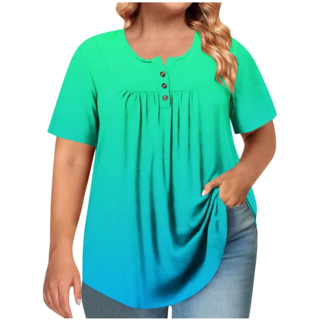 Ohufall Blouses Grande Taille pour Femmes Chemises à Manches Courtes Plissées Col Rond Décontracté
