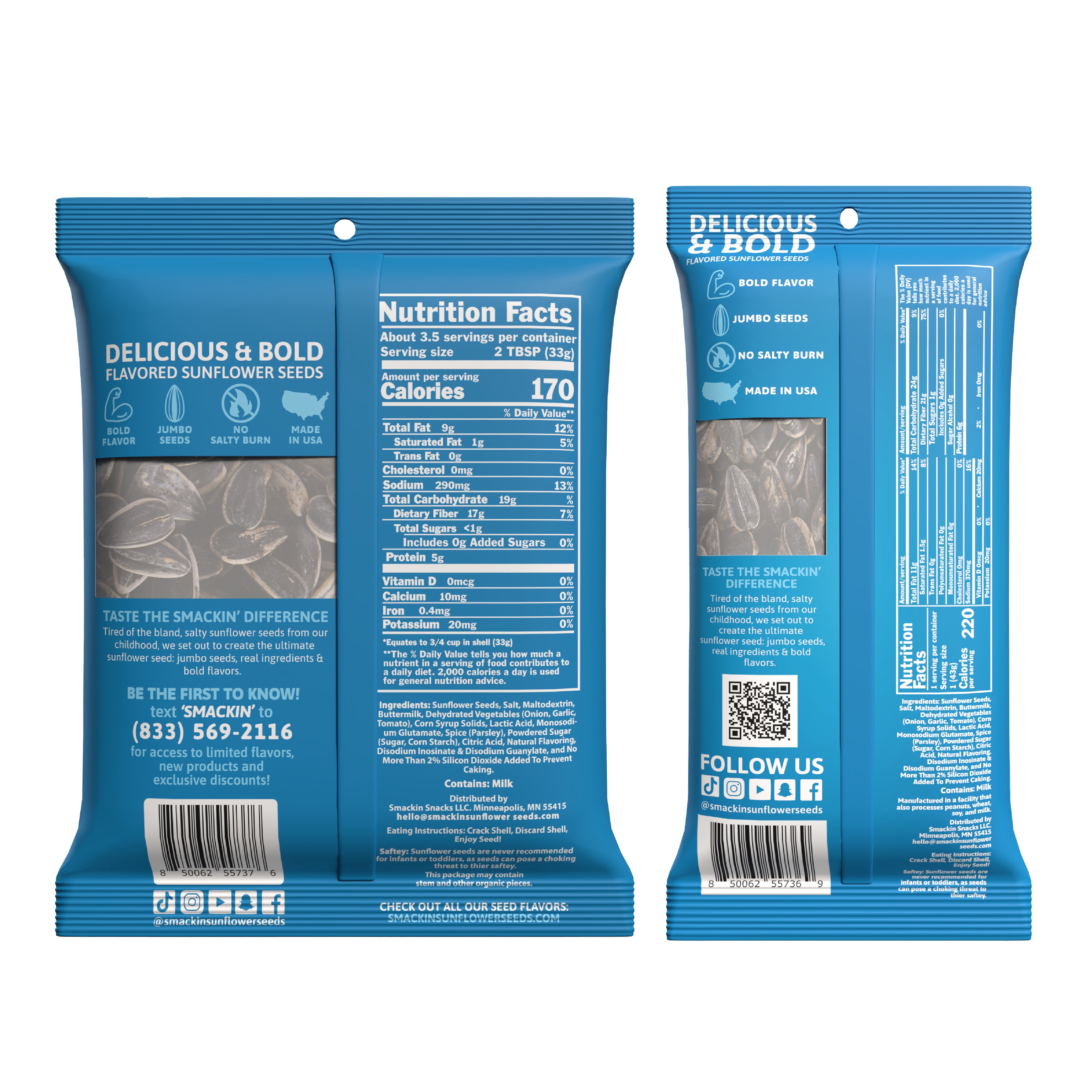 SMACKIN' - Jumbo Roasted Sunflower Seeds, No Salty Burn, American Made, Easy Pour & Seal - Ranch, 4oz bag (12 Bags)