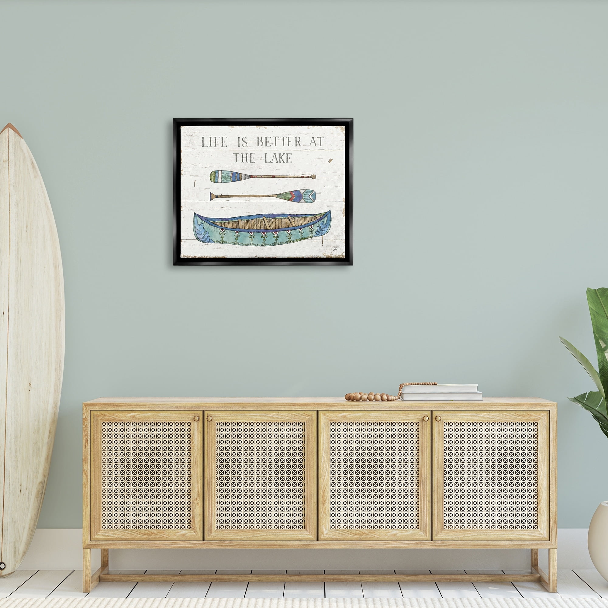 Stupell Industries Life Better At Lake Rustic Canoe Ores Grain Pattern Graphic Art Jet Black Floating Framed Canvas Print Wall Art, Design by Daphne Brissonnet