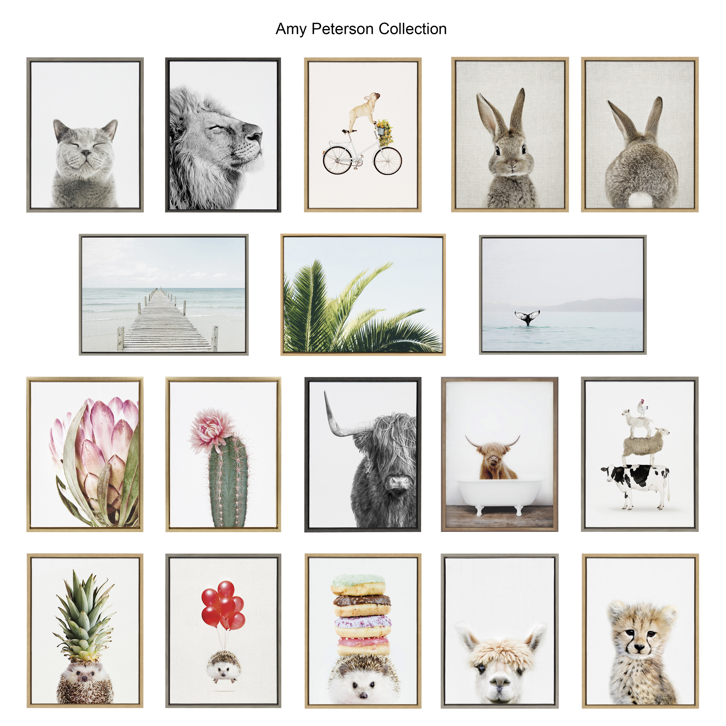 Kate and Laurel Sylvie Safari Animal Collection Framed Canvas Wall Art by Amy  Peterson Art Studio Set of 13x13 Gray Decorative Animal Art for Wall 