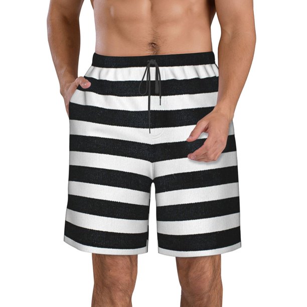 Balery Black And White Stripes Traje de Baño Estilo Hawaiano para Hombre, Shorts de Secado Rápido con Bolsillos-Medium
