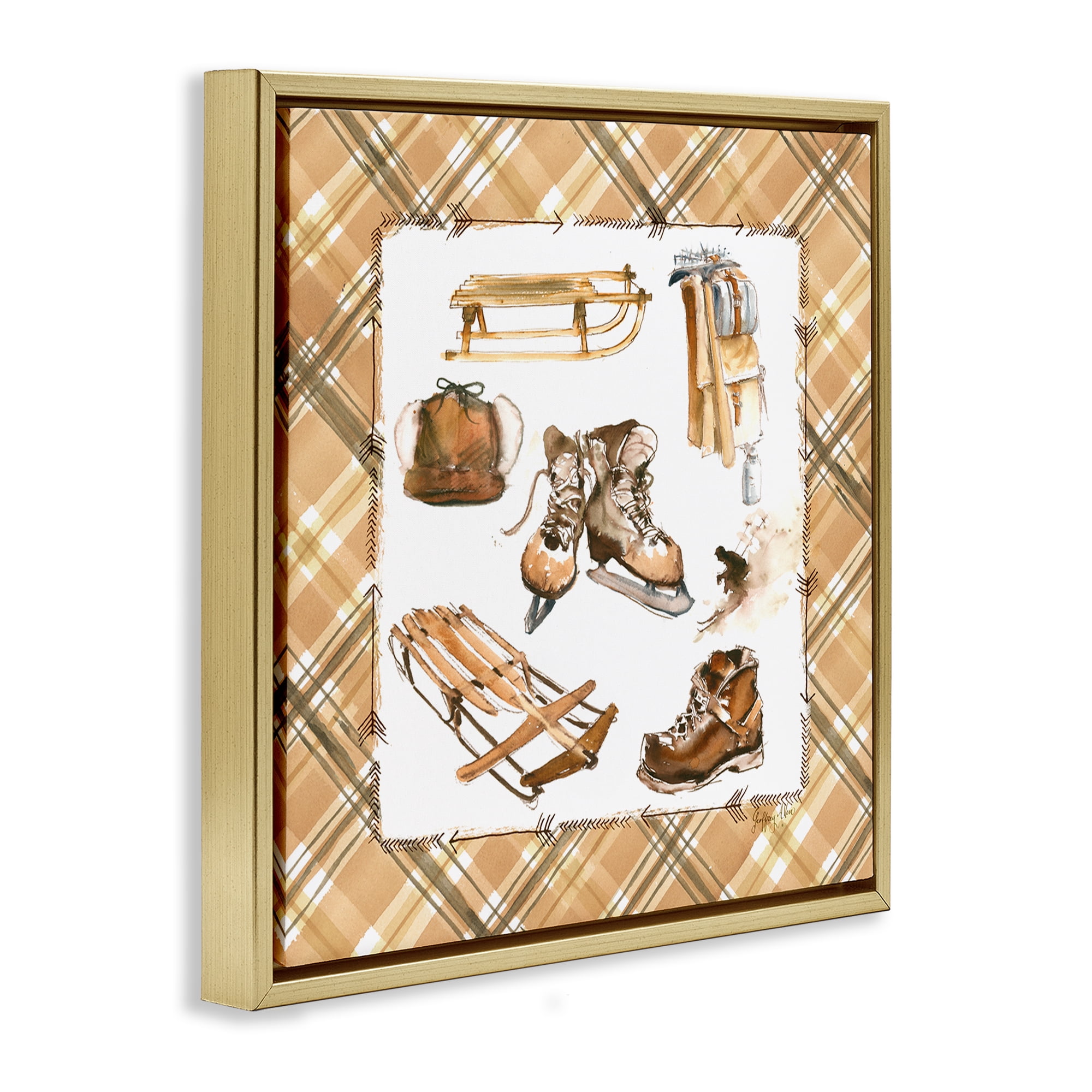 Stupell Industries Plaid Winter Sports Sports Painting Gold Floater Framed Canvas Art Print Wall Art, 25 x 25