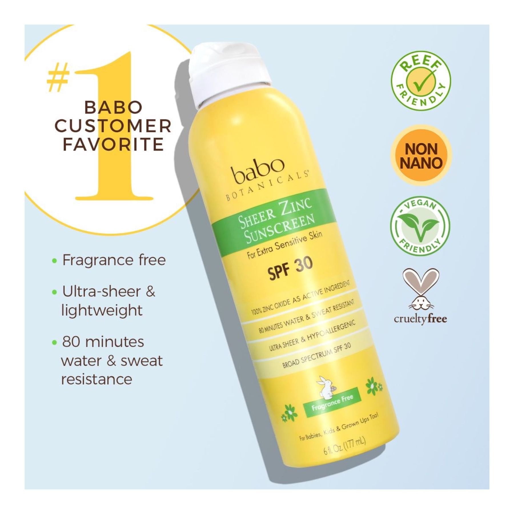 Babo Botanicals Sheer Zinc Sunscreen Spray SPF 30 , 6 oz Spray