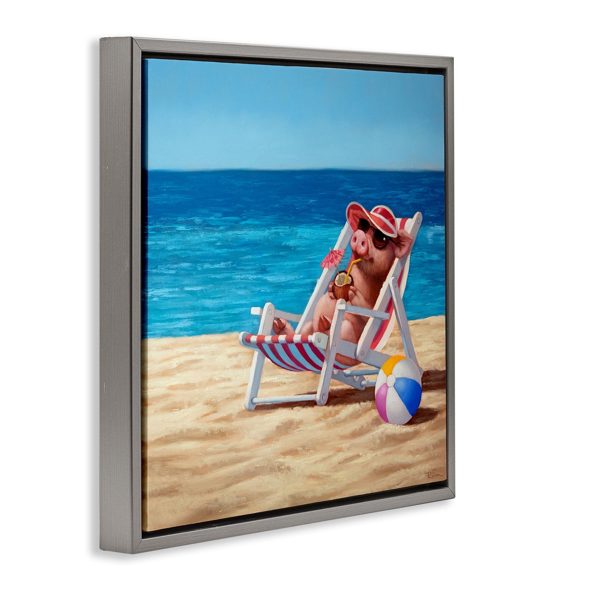 Stupell Industries Pig with Beach Cocktail Novelty Painting Gray Floater Framed Canvas Art Print Wall Art, 18 x 18
