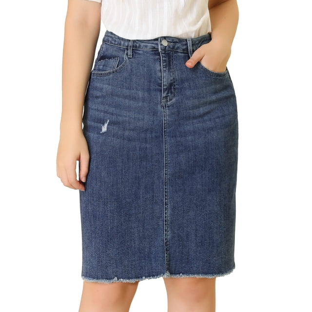 INSPIRE CHIC Falda Vaquera Midi Básica Desgastada De Cintura Alta Con Dobladillo Rasgado Y Lavado Para Mujer Azul oscuro XS