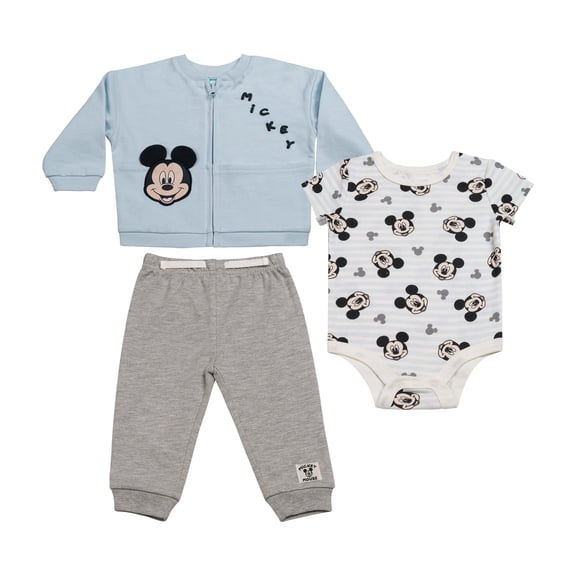 Disney Baby Boys 3-Piece Layette Set – Mickey Mouse Bodysuit, Hooded Jacket & Pants Newborn Outfit Set (Blue) - 0/3M