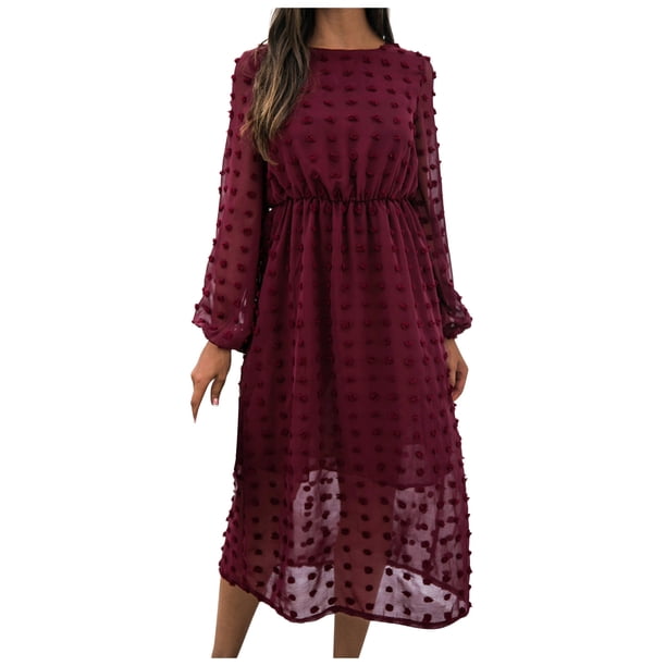 Vestido hasta la rodilla de manga larga de color liso con cuello redondo informal a la moda para mujer Pompotops hdfakjf171