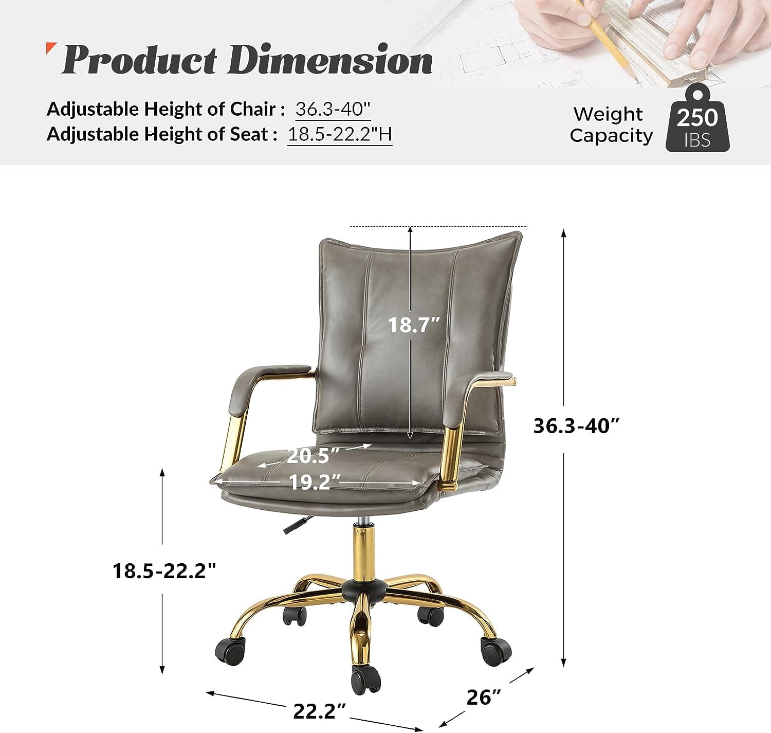 Faux Leather Office Chair Adjustable Swivel Desk Chair with Golden Legs and Arms Upholstered, Grey