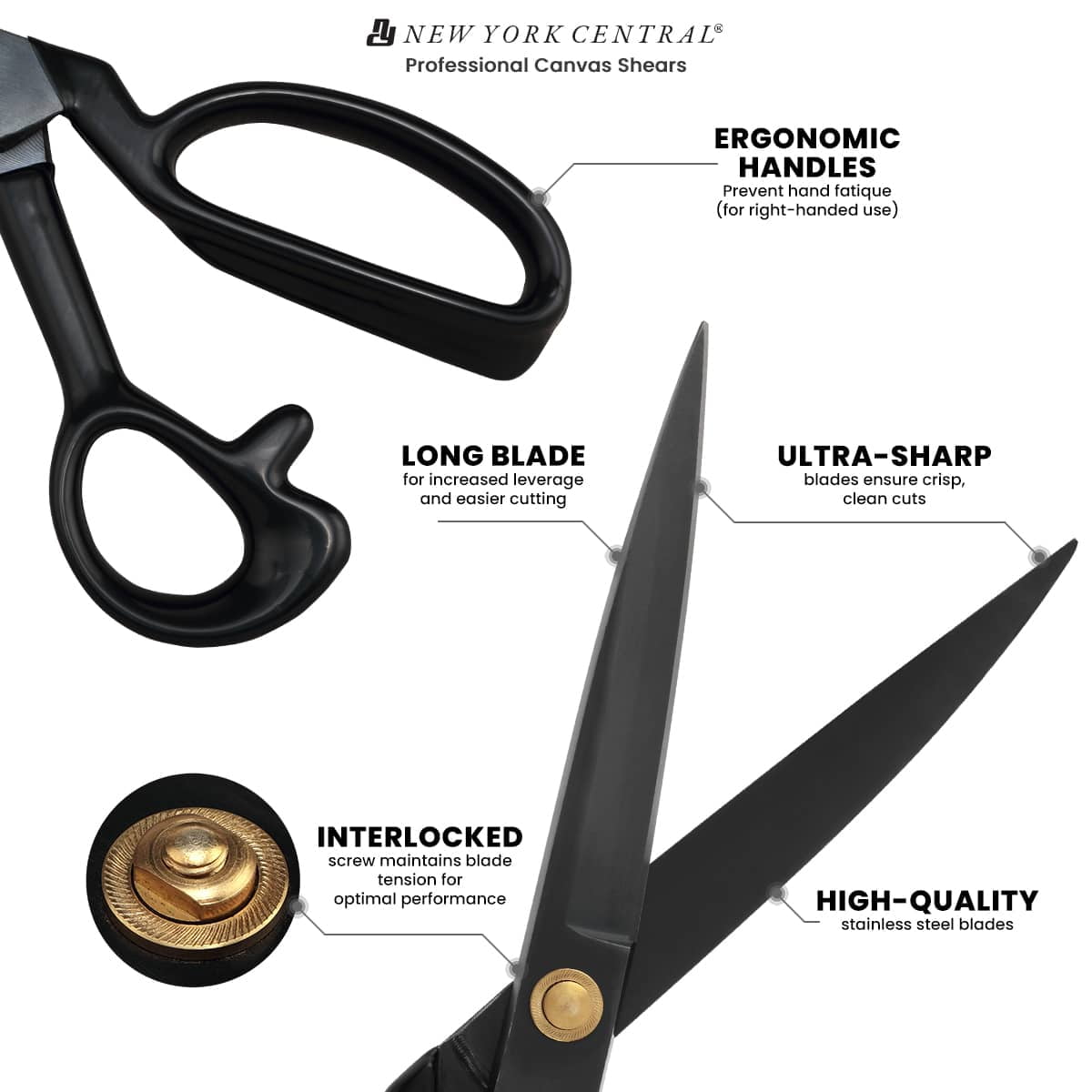 New York Central Professional Canvas Fabric Shears -10" Fabric Scissors, Ergonomic Right-Handed Sewing Scissors for Fabric Cutting, Rust-Free Stainless Steel Blade for Tailors, Artists, and Upholstery