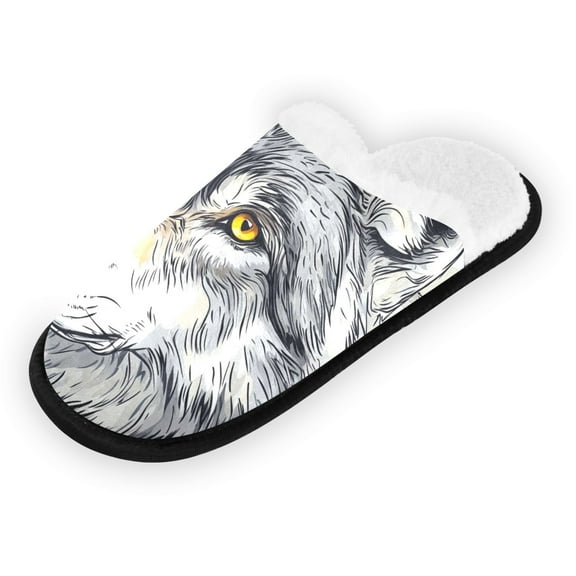Women's Men's Slippers, Non-Slip Travel Unisex Fleece House Shoes Handsome Wolf
