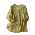 thumbnail image 2 of Women's Embroidered Cotton Linen Short Sleeve V-Neck Casual Top Shirt, 2 of 5