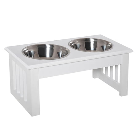 Wooden Dog Bowls Elevated Stand, 2 Stainless Steel Bowls, Non-Slip Base - White Dog Feeder for Small Dogs, Comfortable & Modern Pet Bowl