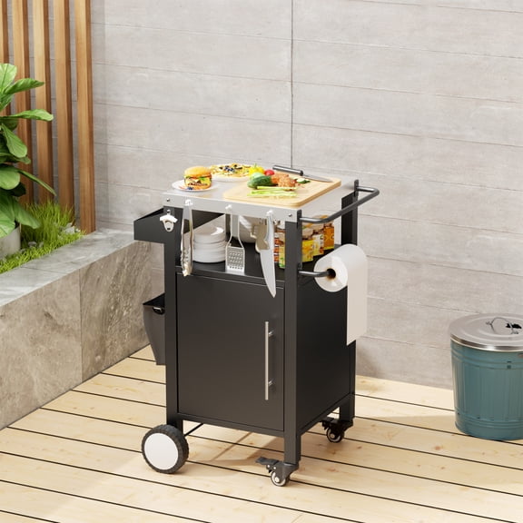 Outdoor Grill Cart with Patio Furniture, Outdoor Grill Table with Storage,Rolling Bar Cart Outdoor BBQ Cart with Hooks and Spice Rack for Grilling Accessories(Single Door, Black)