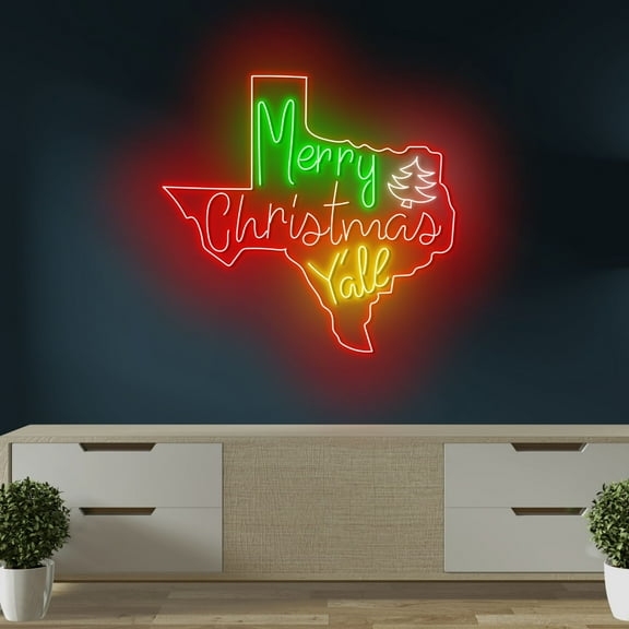 Craftnamesign Texas Map Xmas Neon Sign, Merry Christmas Y'all Decor, Home Room Wall Art