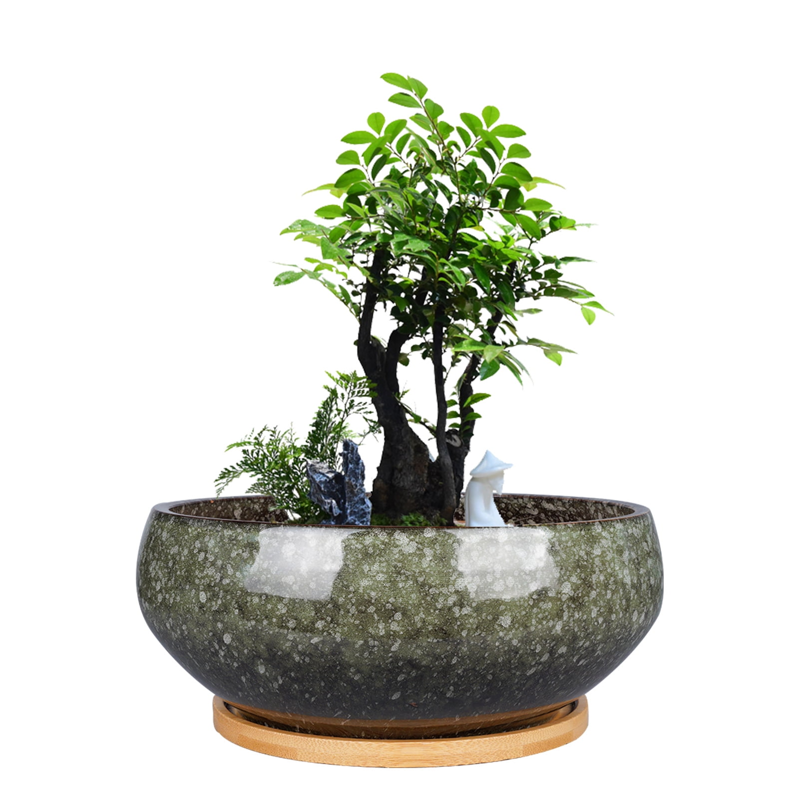Ordivic 8  inch Green Ceramic Planter with Drainage Hole & Saucer,Shallow Plant Pots for Bonsai Trees Cacti Housewarming Gift Home Decor