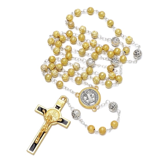 KOMI Handmade 6mm Metal Rose Beads 18K Gold Plated Rosary Necklace Catholic for Women Men with St Benedict Medal & Crucifix First Communion Gifts
