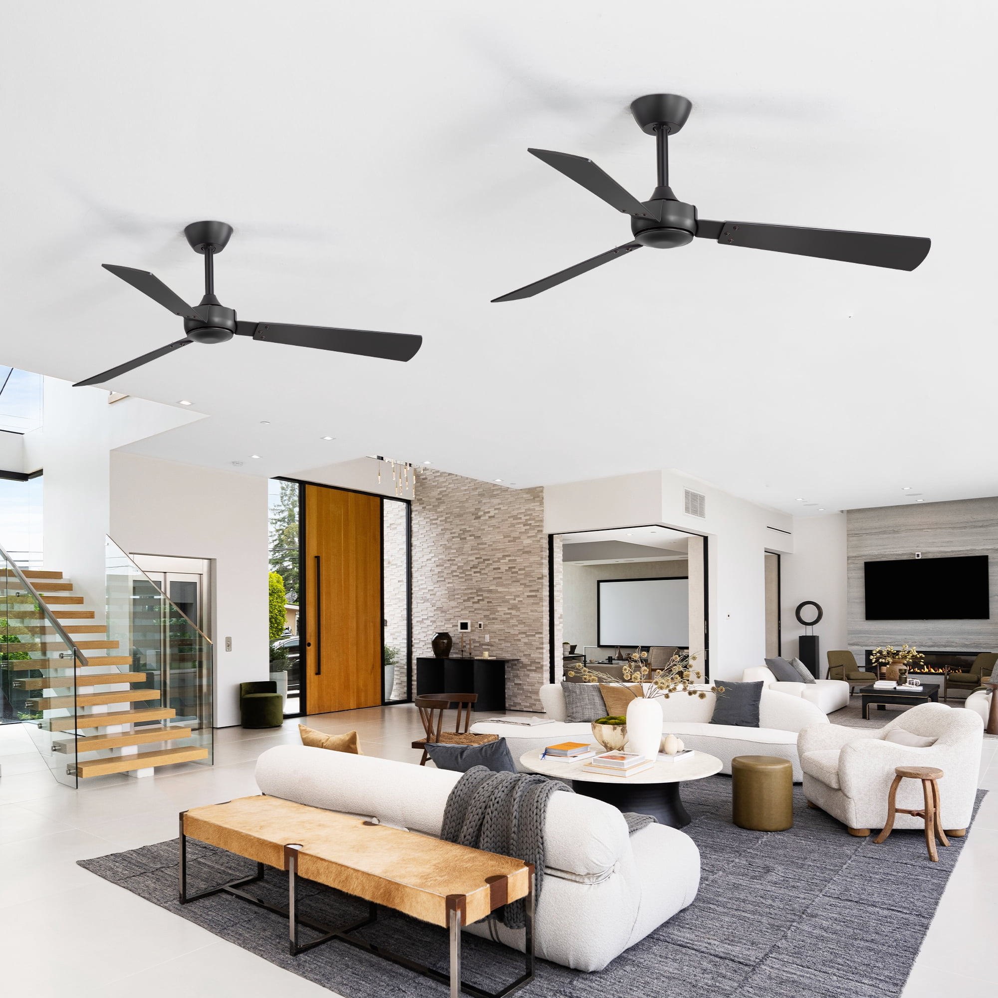 ALKAFY 52 inch 2-Pack Black Modern Ceiling Fan - No Light, 6-Speed, 3 Blades, Remote, for Bedroom, Living Room & Dining Room