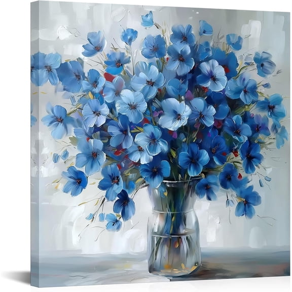 Flower Canvas Wall Art White and Blue Flowers Pictures Artwork Abstract Floral Rustic Farmhouse Painting Prints for Home Decoration Framed 16" x 16"