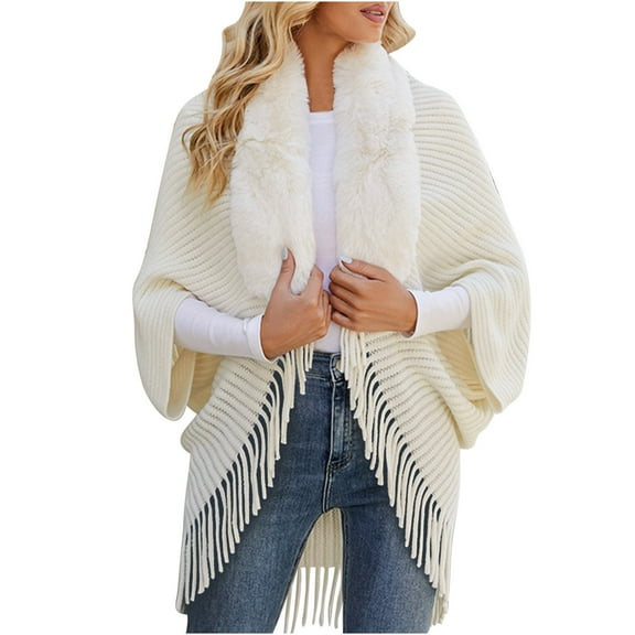 Knit Cardigan Shrug Shawls Faux Fur Collar Tassels Free-size Ribbed Open Front Cardigan Wraps Sweater for Women (Free Size, White)