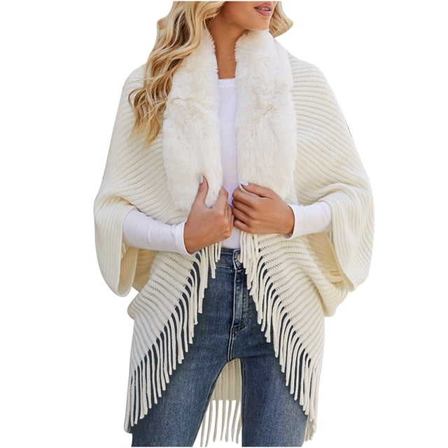 Yuyuzo Women Cardigans Tassles Batwing Sleeve Open Front Fleece Fuzzy Collar Irregular Hem Sweaters Outwear