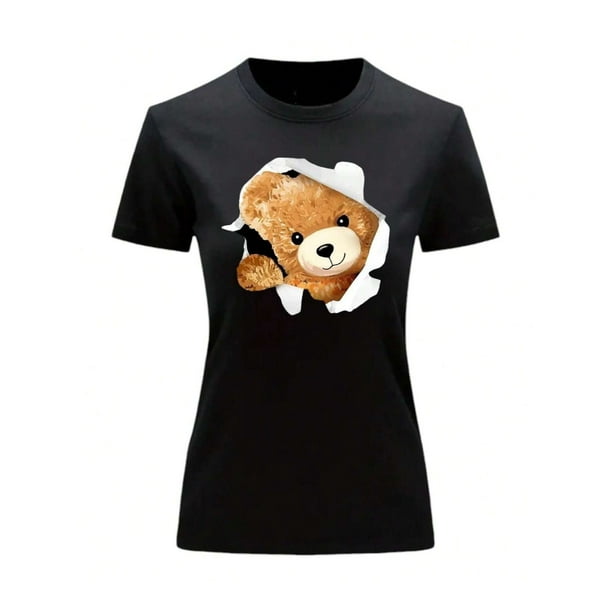 Playera Blusa Con Impresion De Oso Saliendo Del Pecho Ropa Para Mujer Color Negro Talla Chica Marca Emil SaEs