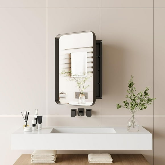 16x24 Inch Recessed or Surface-Mounted Black Metal Framed Medicine Cabinet with Adjustable Shelves, Circular Groove Mirror, and High-Definition Reflection \u2013 Modern Bathroom Storage Solution