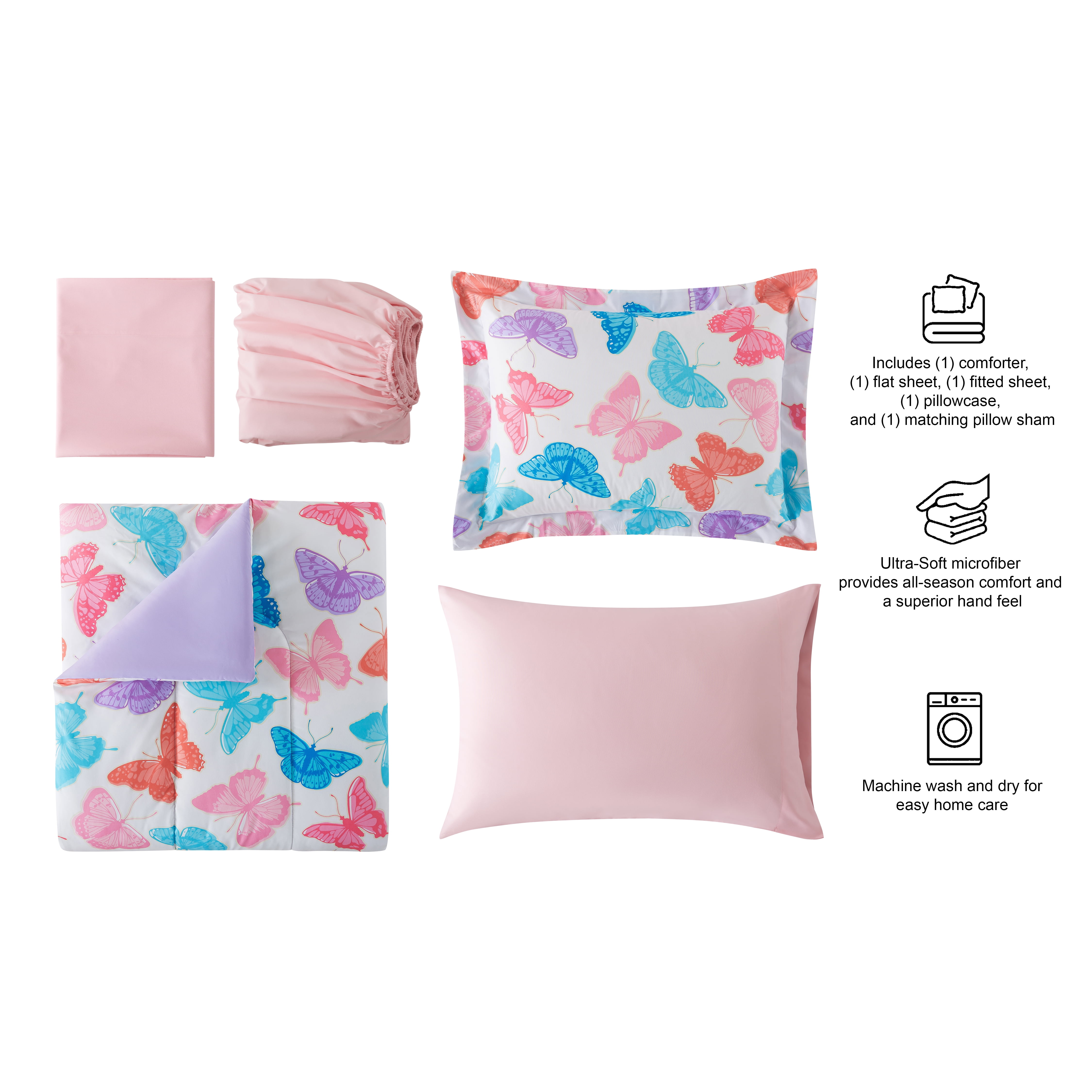 Your Zone Glow-in-the-Dark Butterfly 5-Piece Bedding Set with Fabric Storage Bag, Twin