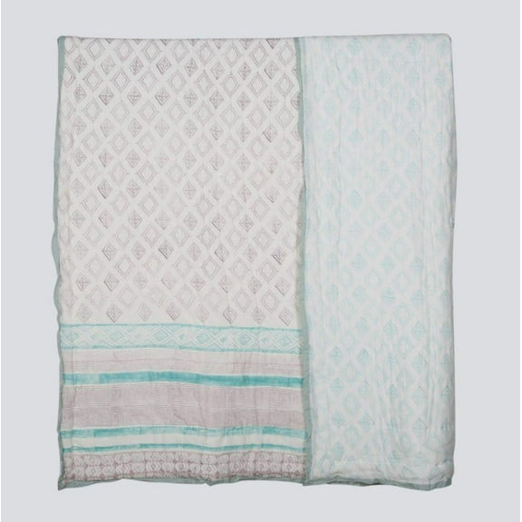 TGHome 100% Cotton Hand Printed Grey and Teal Quilt, 90" x 108"