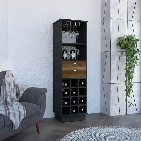 Classic Bar Cabinet with Two Storage Drawers, Dual Display Shelves, Built-In Wine Rack