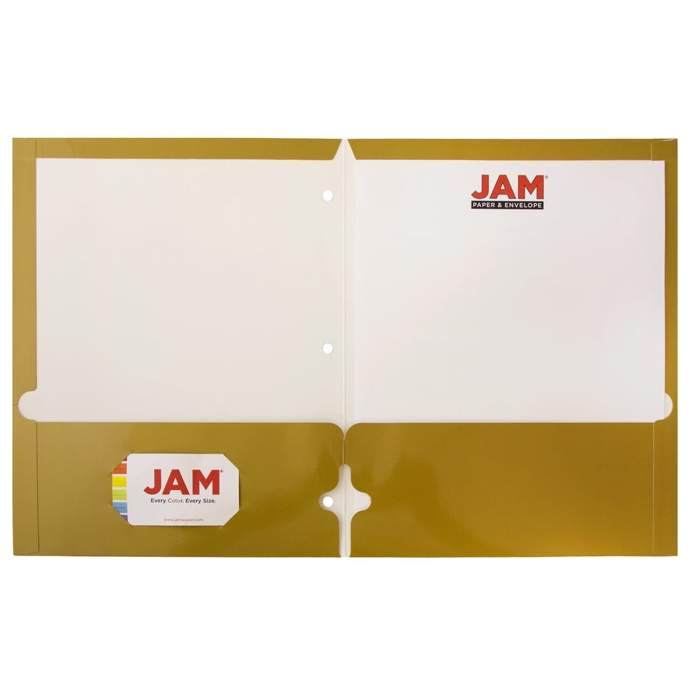 JAM Paper Glossy 3 Hole Punch Folders, Gold, 50/Pack