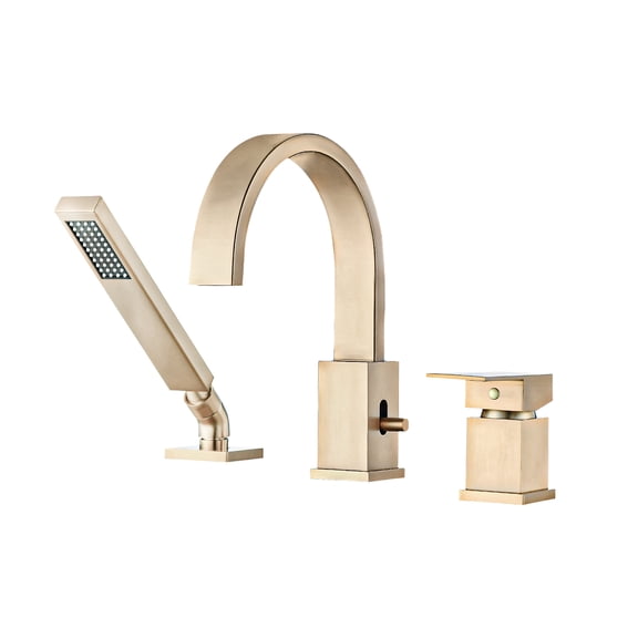 Roman Tub Faucet with Hand Shower, 3-Hole Deck Mount Waterfall Tub Filler Set, Brushed Gold Brass Bathroom Fixture with 59" Stainless Steel Hose and 360 Degree Swivel Spout