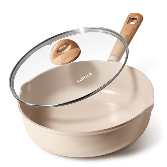 Carote 5QT Ceramic Non Stick Frying Pan Skillet with Lid, Jumbo Cooker with Induction 11inch Large Deep Frying Pan, Non-Toxic Saute Pan, Free of PFAs, Taupe