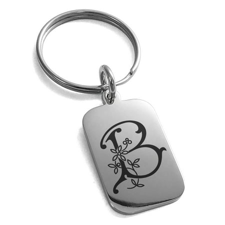 Gold Stainless Steel Keychain Stainless Steel Letter B Initial Floral Monogram Engraved Small Rectangle Dog Tag Charm Keychain Keyring ()