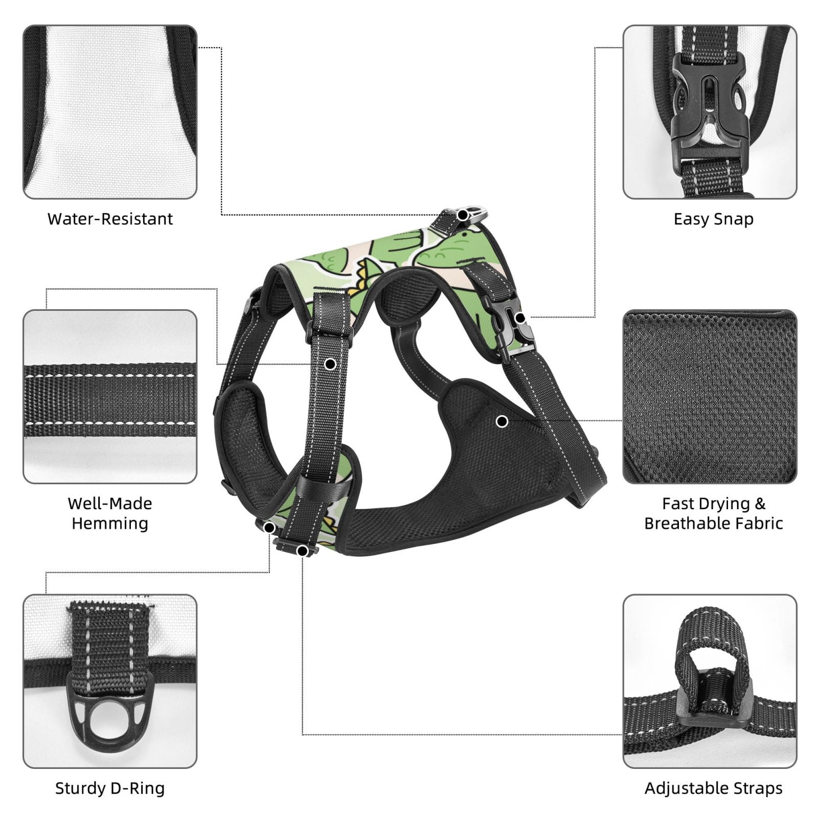 Kdxio Cute Crocodile Print No Pull Dog Harness Adjustable Reflective Oxford Easy Control Medium Large Dog Harness for Training and Everyday-Large