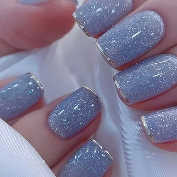 CurvLife Blue Magic Rose Press-On Nails - 24PCS Short Square, Minimalist Design with Glitter, Non-Toxic & Reusable