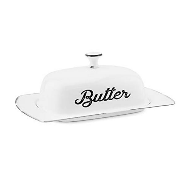AuldHome Farmhouse White Butter Dish Vintage Style Enamelware Butter