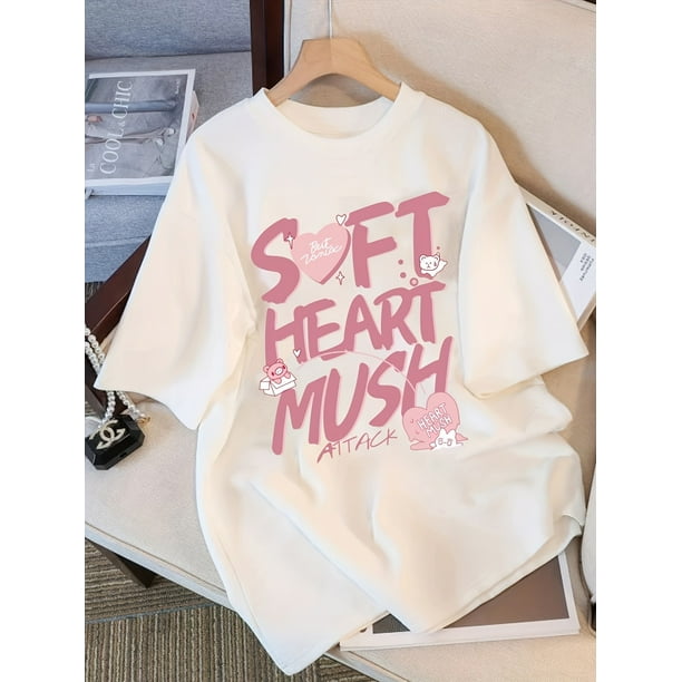 Casual Short Sleeve T-Shirt - Soft Heart Mush Attack Graphic Print, Loose Fit Round Neck Tee, White with Lettering, Spring Summer Machine Washable Top, Relaxed Fit Shirt, Durable Fabric Shirt